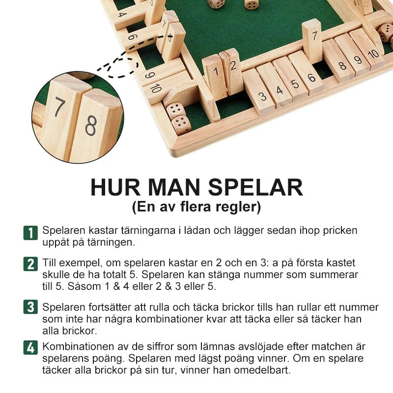"Klassiskt träbrädspel i furu med två tärningar, perfekt för familjesammankomster och matematiskt lärande för barn."