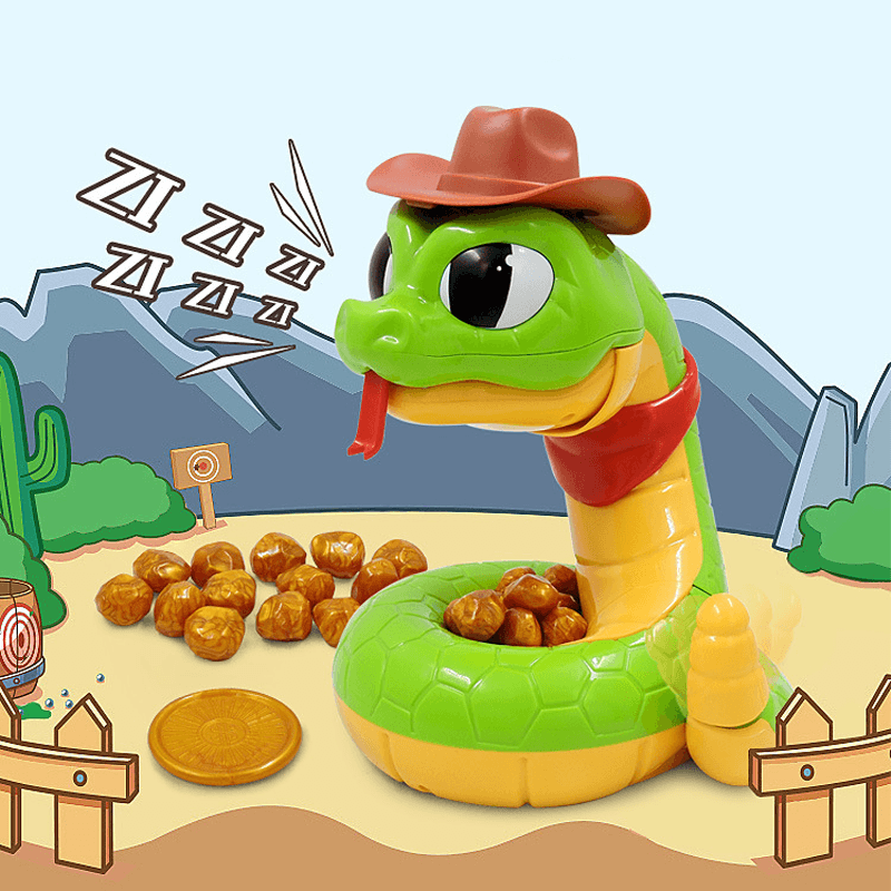 "Klurig elektrisk skallerormsleksak för barn med cowboytema, guldmynt och hatt, stimulerar fantasi och samarbete."