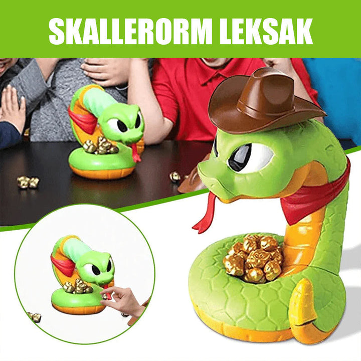 "Klurig elektrisk skallerormsleksak för barn med cowboytema, guldmynt och hatt, stimulerar fantasi och samarbete."