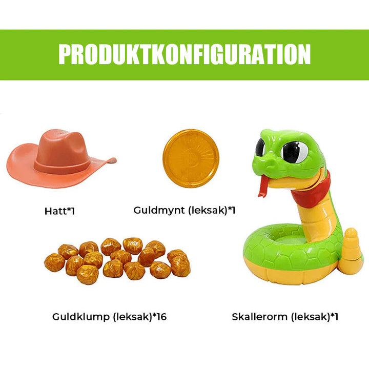 "Klurig elektrisk skallerormsleksak för barn med cowboytema, guldmynt och hatt, stimulerar fantasi och samarbete."