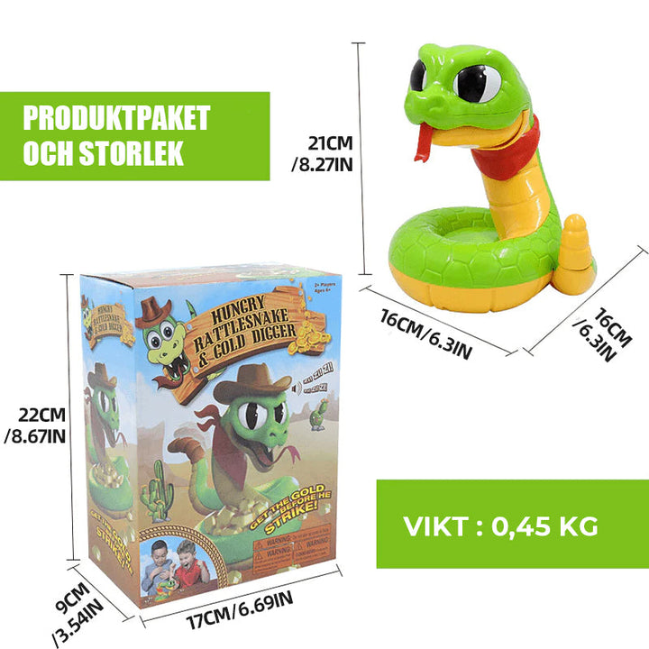 "Klurig elektrisk skallerormsleksak för barn med cowboytema, guldmynt och hatt, stimulerar fantasi och samarbete."