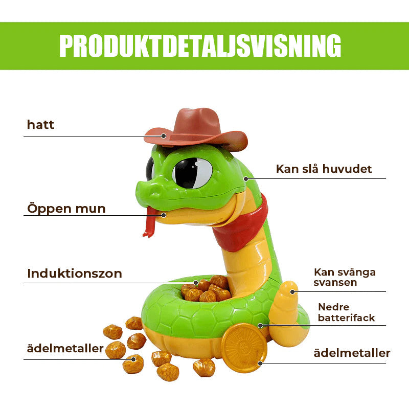 "Klurig elektrisk skallerormsleksak för barn med cowboytema, guldmynt och hatt, stimulerar fantasi och samarbete."