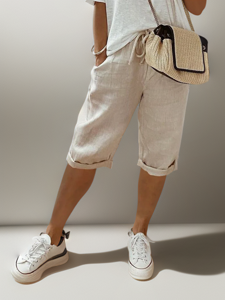 "Knälånga dam Bermuda shorts i linne, avslappnad passform, justerbar dragsko, flera färger - XS-4XL"