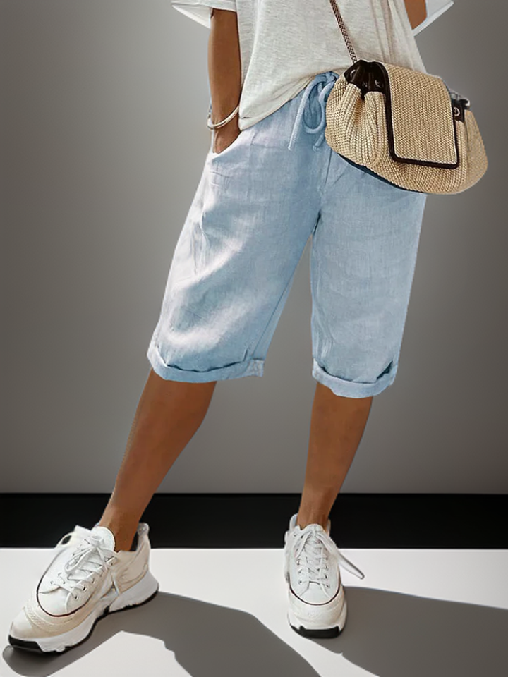 "Knälånga dam Bermuda shorts i linne, avslappnad passform, justerbar dragsko, flera färger - XS-4XL"