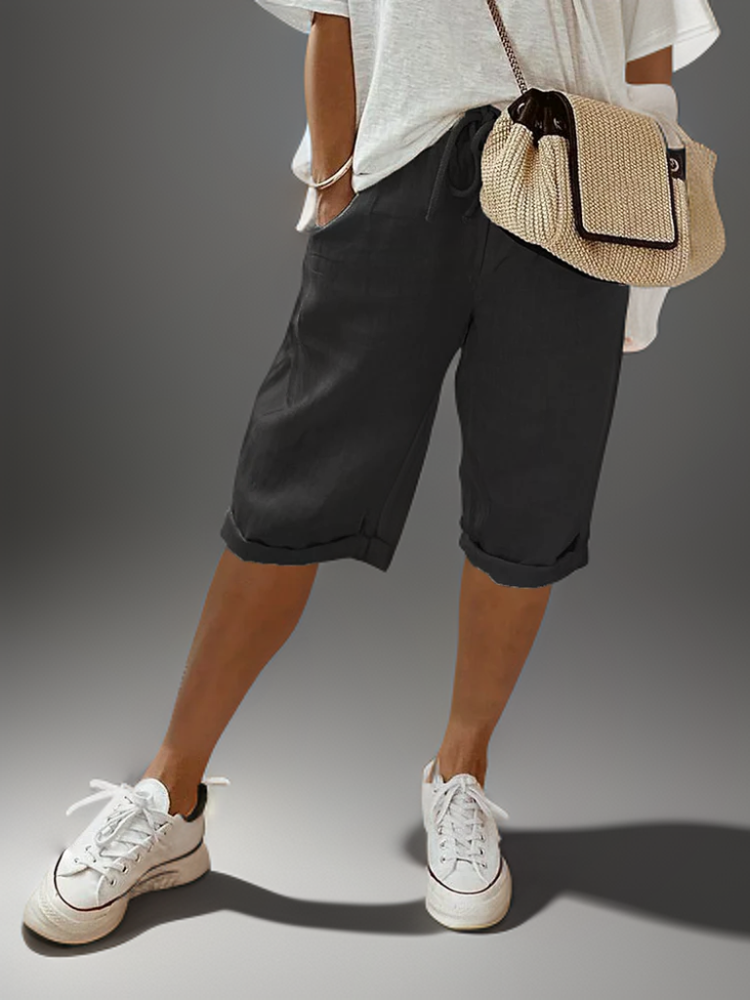 "Knälånga dam Bermuda shorts i linne, avslappnad passform, justerbar dragsko, flera färger - XS-4XL"