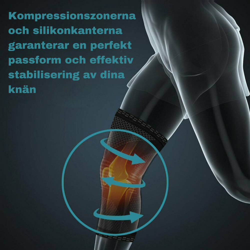 "Knästöd för kompression, elastiskt och stödfullt, designat för sport och smärtlindring. Optimal stabilitet."