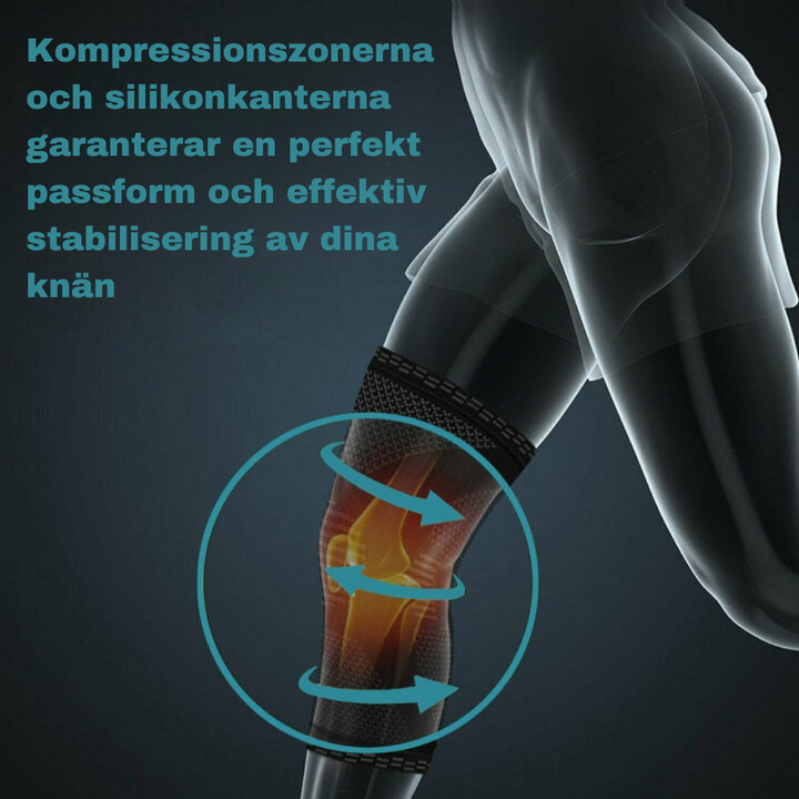 "Knästöd för kompression, elastiskt och stödfullt, designat för sport och smärtlindring. Optimal stabilitet."