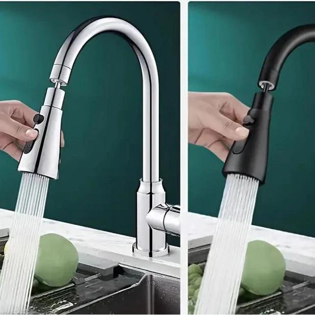Kökskranförlängare med 360° rotation, justerbar vattenstråle i modernt silver, ger flexibel köksrengöring.