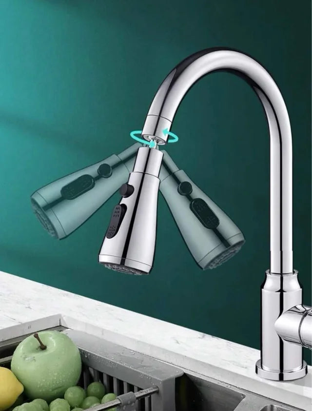 Kökskranförlängare med 360° rotation, justerbar vattenstråle i modernt silver, ger flexibel köksrengöring.