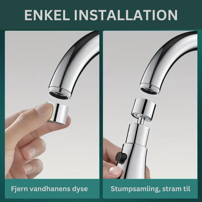 Kökskranförlängare med 360° rotation, justerbar vattenstråle i modernt silver, ger flexibel köksrengöring.