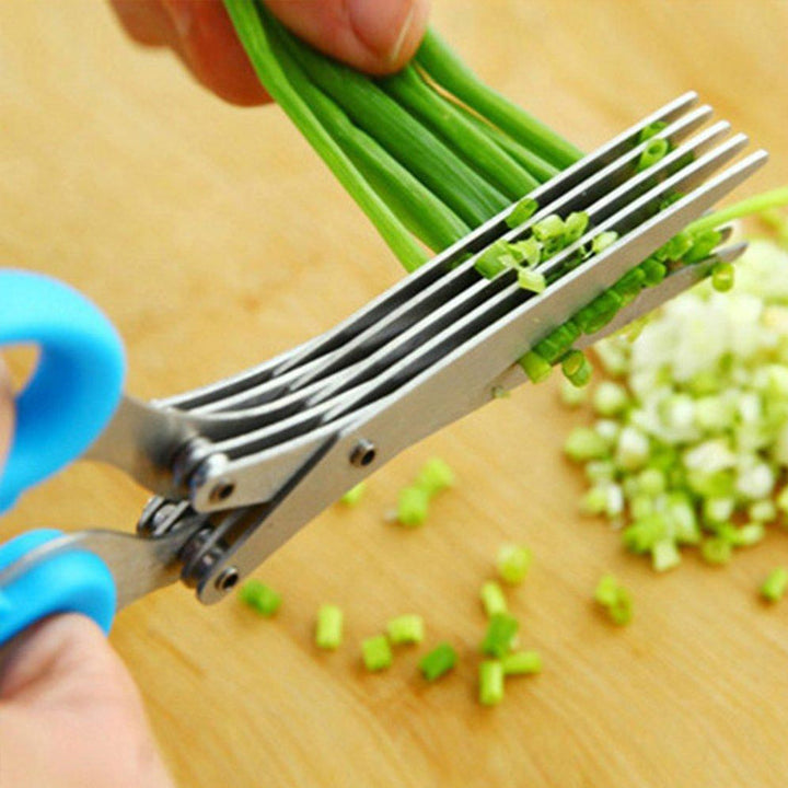 "Kökssax av rostfritt stål med fem vassa blad för effektiv skärning av gräslök och örter, grön/blå skaft."