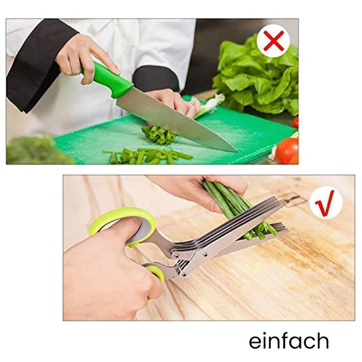 "Kökssax av rostfritt stål med fem vassa blad för effektiv skärning av gräslök och örter, grön/blå skaft."