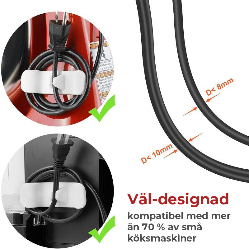 "Kökssladd organisatör i silikon, svart och vit, harmoniserar ditt kök; passform för mixrar, effektiva kabelhanterare."