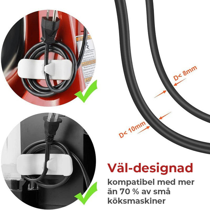 "Kökssladd organisatör i silikon, svart och vit, harmoniserar ditt kök; passform för mixrar, effektiva kabelhanterare."