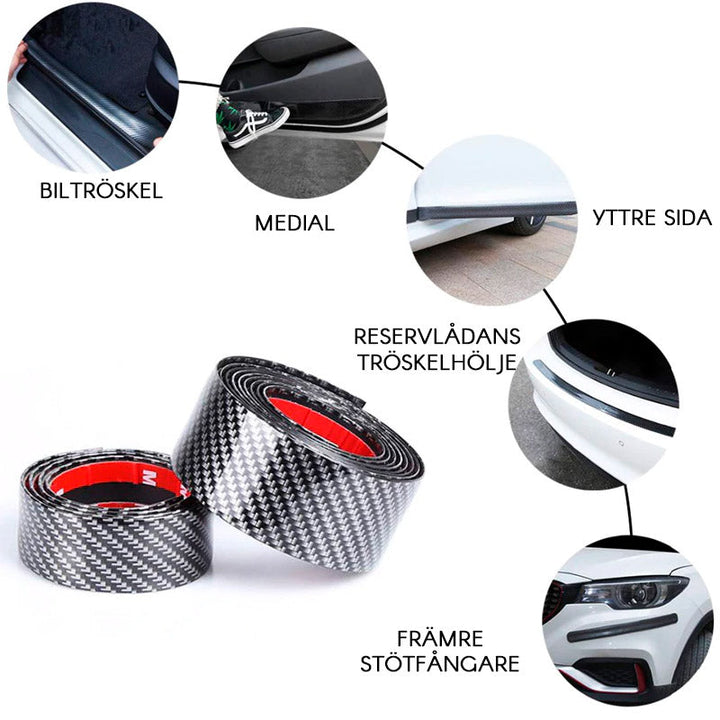 "Kolfiber svart tröskeltejp för bil skyddar och stilsätter bilens trösklar, elegant design med slitageskydd."