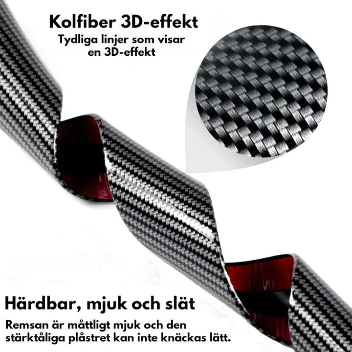 "Kolfiber svart tröskeltejp för bil skyddar och stilsätter bilens trösklar, elegant design med slitageskydd."