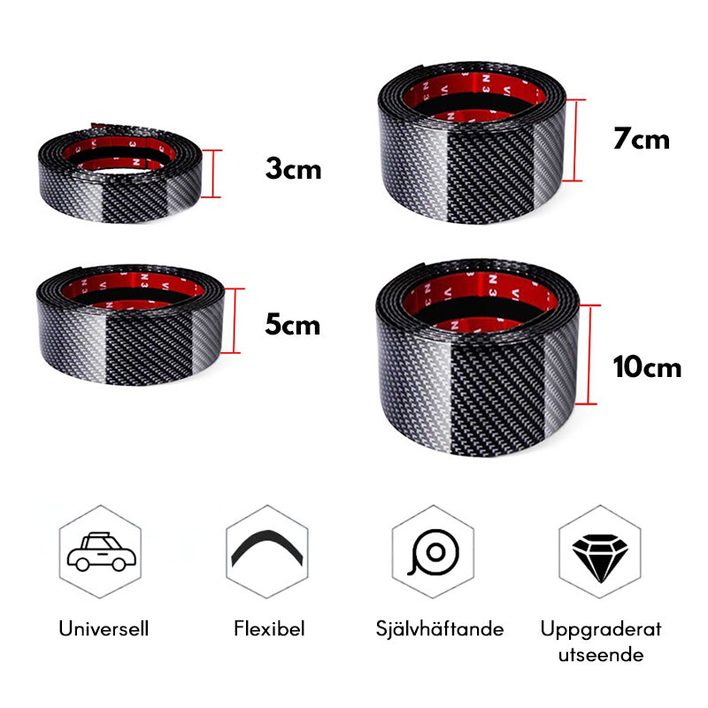 "Kolfiber svart tröskeltejp för bil skyddar och stilsätter bilens trösklar, elegant design med slitageskydd."