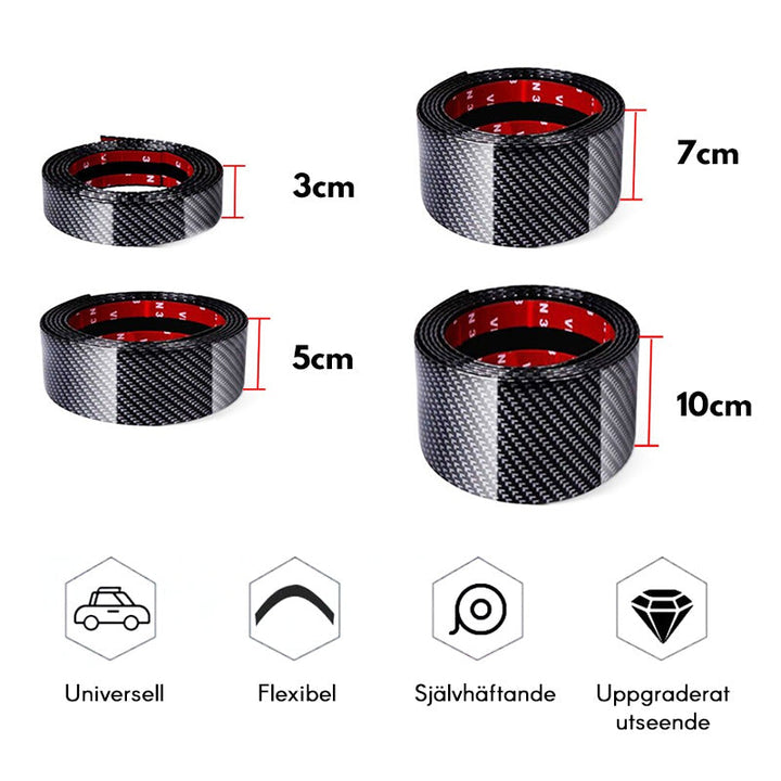 "Kolfiber svart tröskeltejp för bil skyddar och stilsätter bilens trösklar, elegant design med slitageskydd."