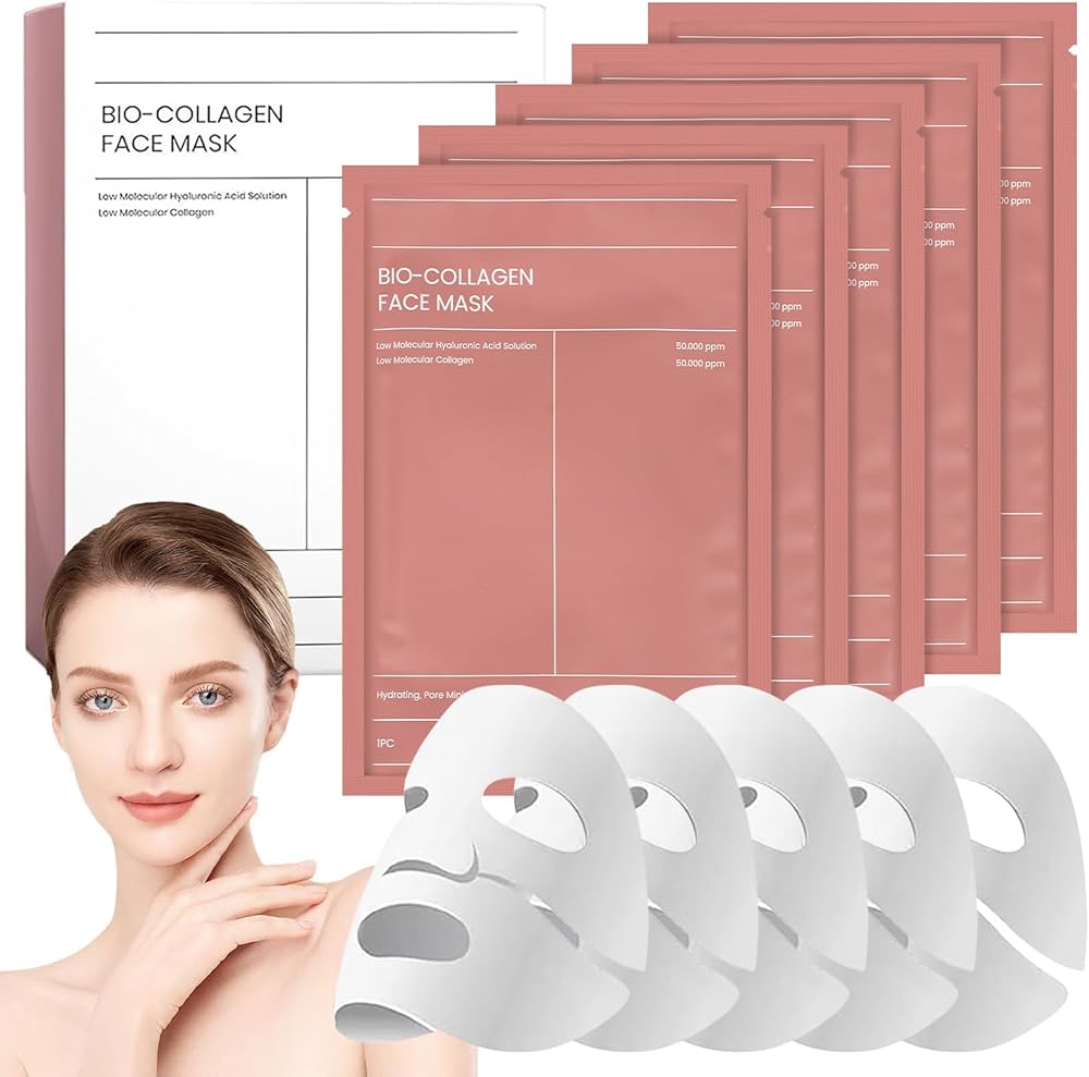 "Kollagen Ansiktsmask 4-pack, återfuktande och uppstramande, visar elegant förpackning med delikat design."