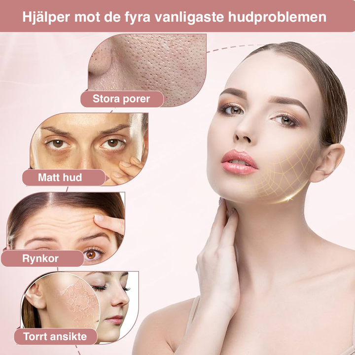 "Kollagen Ansiktsmask 4-pack, återfuktande och uppstramande, visar elegant förpackning med delikat design."