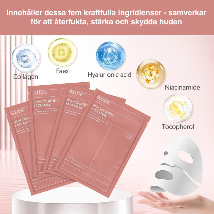 "Kollagen Ansiktsmask 4-pack, återfuktande och uppstramande, visar elegant förpackning med delikat design."