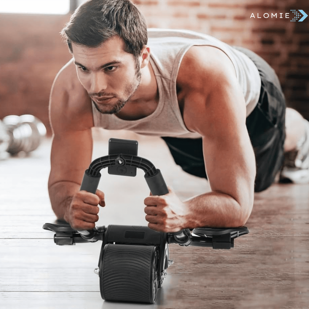Kompakt Abs Elite Trainer hemmagym för bålstyrka, med svart och grå design, perfekt för fettförbränning och muskeltoning.