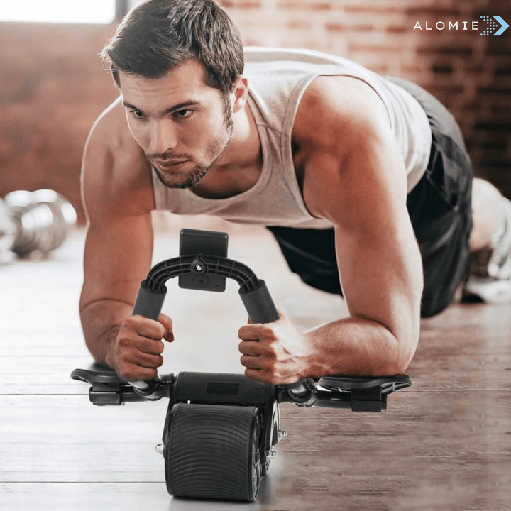 Kompakt Abs Elite Trainer hemmagym för bålstyrka, med svart och grå design, perfekt för fettförbränning och muskeltoning.