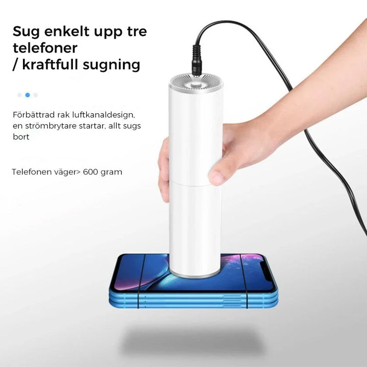 "Kompakt bärbar handdammsugare med kraftig sugning, perfekt för bilinteriörstädning. Svart design med mångsidiga munstycken."