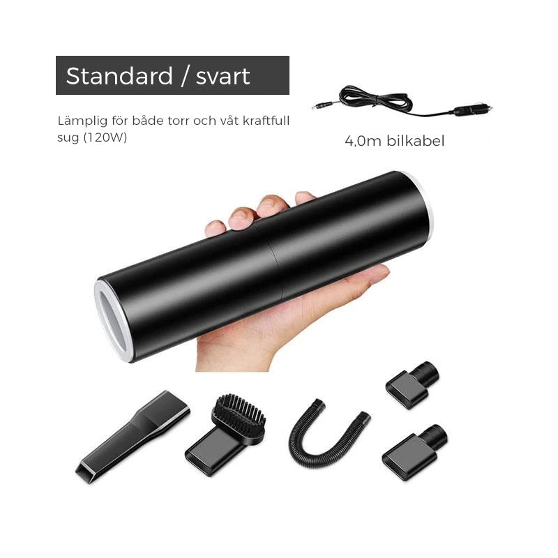 "Kompakt bärbar handdammsugare med kraftig sugning, perfekt för bilinteriörstädning. Svart design med mångsidiga munstycken."