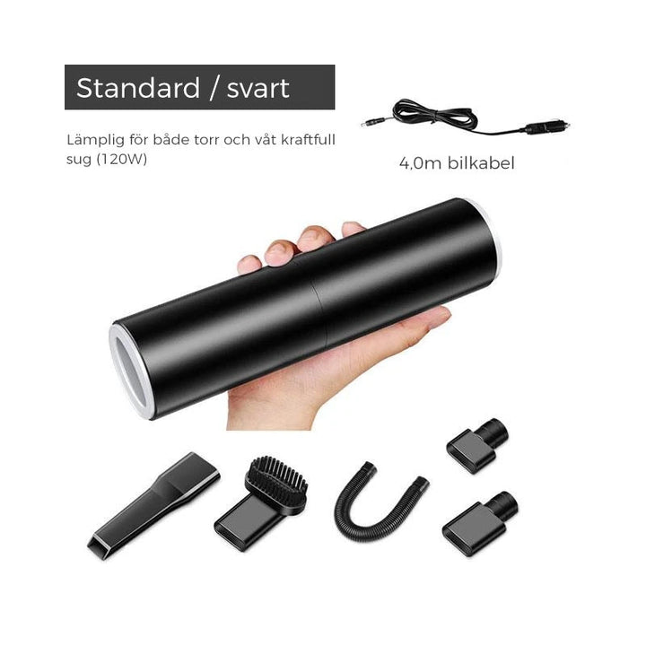 "Kompakt bärbar handdammsugare med kraftig sugning, perfekt för bilinteriörstädning. Svart design med mångsidiga munstycken."