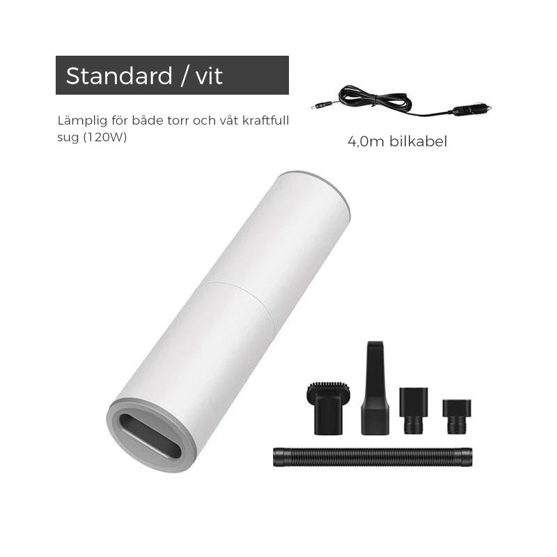 "Kompakt bärbar handdammsugare med kraftig sugning, perfekt för bilinteriörstädning. Svart design med mångsidiga munstycken."