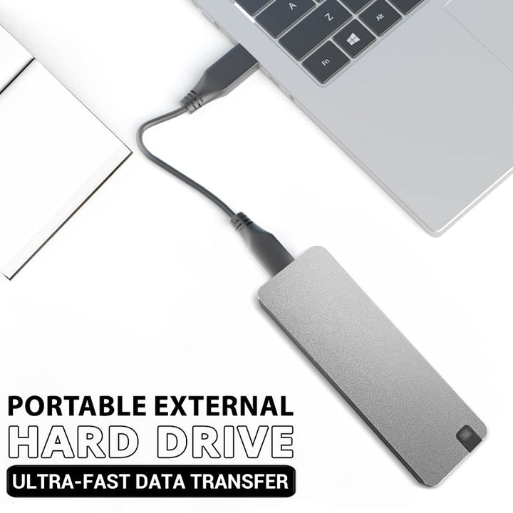 "Kompakt bärbar SSD hårddisk, snabb USB 3.2, tillgänglig i blått, grått, rött, minimalistisk design, kapacitet 1TB till 8TB."