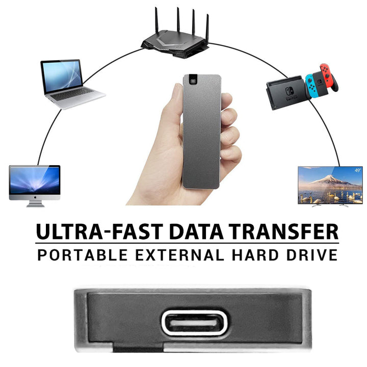 "Kompakt bärbar SSD hårddisk, snabb USB 3.2, tillgänglig i blått, grått, rött, minimalistisk design, kapacitet 1TB till 8TB."