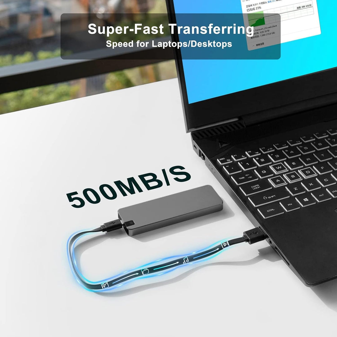 "Kompakt bärbar SSD hårddisk, snabb USB 3.2, tillgänglig i blått, grått, rött, minimalistisk design, kapacitet 1TB till 8TB."