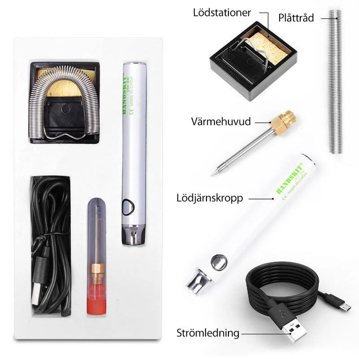 "Kompakt bärbar USB-laddad elektrisk lödkolv med tillbehör, perfekt för svetsuppgifter hemma och på farten."