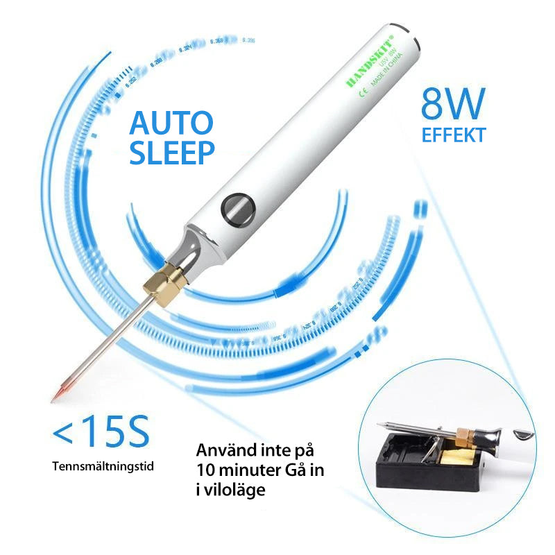 "Kompakt bärbar USB-laddad elektrisk lödkolv med tillbehör, perfekt för svetsuppgifter hemma och på farten."