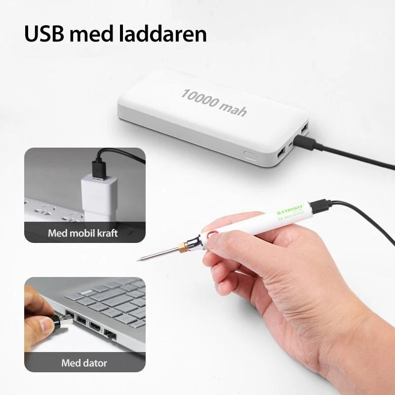 "Kompakt bärbar USB-laddad elektrisk lödkolv med tillbehör, perfekt för svetsuppgifter hemma och på farten."