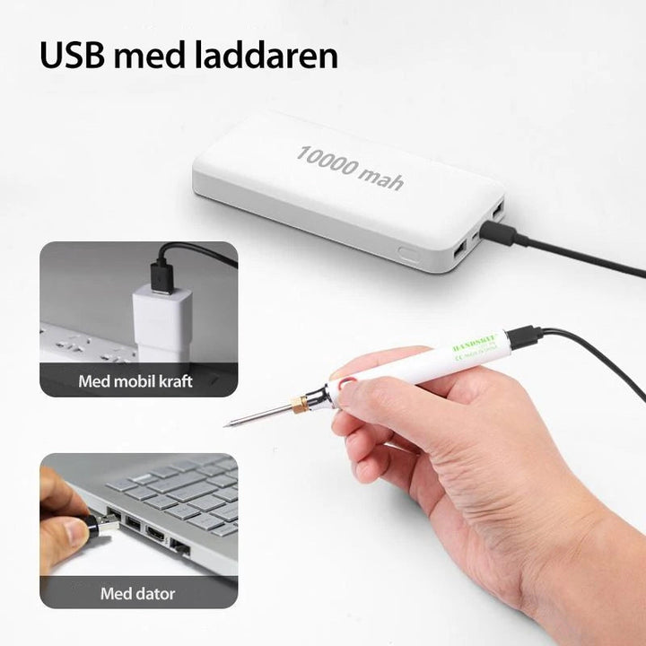"Kompakt bärbar USB-laddad elektrisk lödkolv med tillbehör, perfekt för svetsuppgifter hemma och på farten."