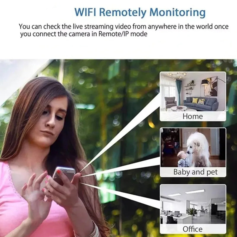 "Kompakt HD WiFi kamera, svart, med rörelseidentifiering och nattvision för hemövervakning, kontroll via mobilapp."