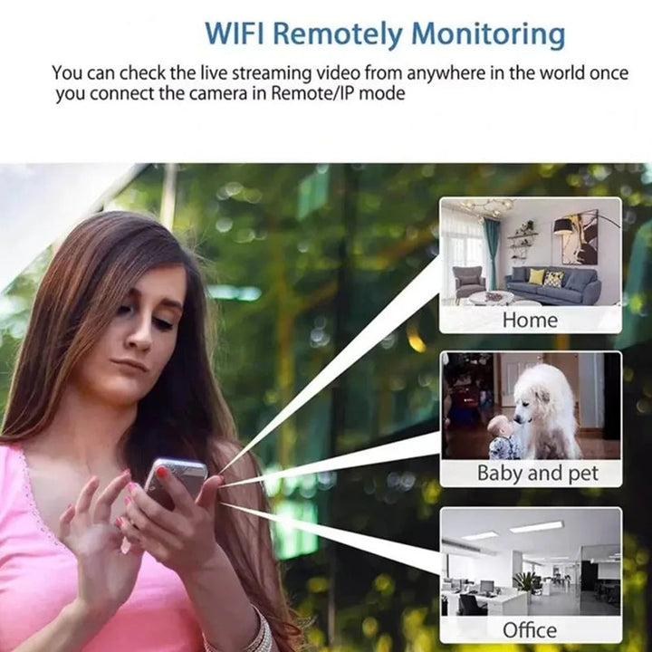 "Kompakt HD WiFi kamera, svart, med rörelseidentifiering och nattvision för hemövervakning, kontroll via mobilapp."