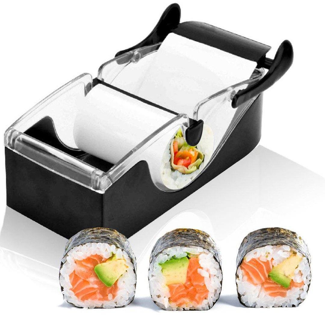 "Kompakt manuell DIY sushi maker i svart och transparent för perfekt formade sushirullar, enkel användning för alla."