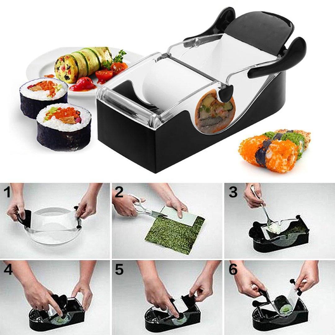 "Kompakt manuell DIY sushi maker i svart och transparent för perfekt formade sushirullar, enkel användning för alla."