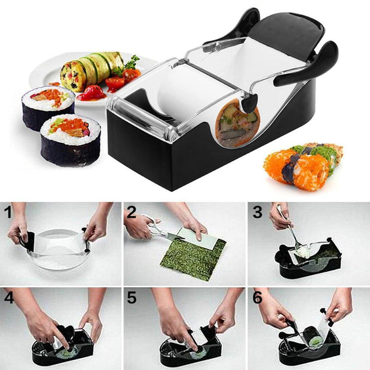 "Kompakt manuell DIY sushi maker i svart och transparent för perfekt formade sushirullar, enkel användning för alla."