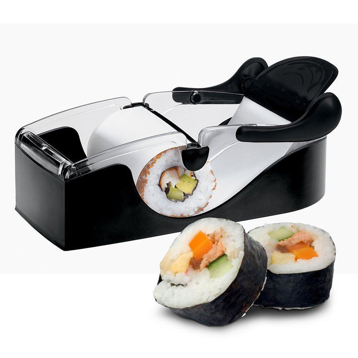 "Kompakt manuell DIY sushi maker i svart och transparent för perfekt formade sushirullar, enkel användning för alla."