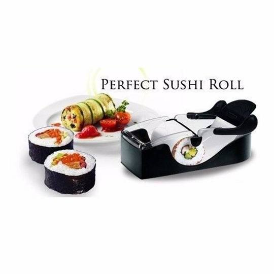 "Kompakt manuell DIY sushi maker i svart och transparent för perfekt formade sushirullar, enkel användning för alla."