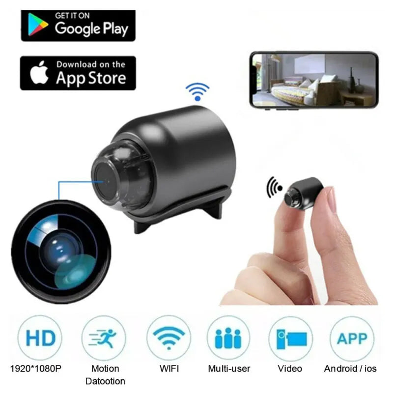 "Kompakt mini HD WiFi kamera med 1080p upplösning, trådlös och diskret design för nattvision och övervakning i hemmet."