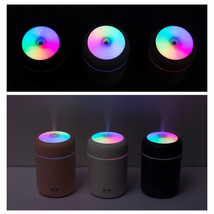 "Kompakt mini luftrenare med sju färgade LED-ljus, rund design, perfekt för modernt hem eller kontor."