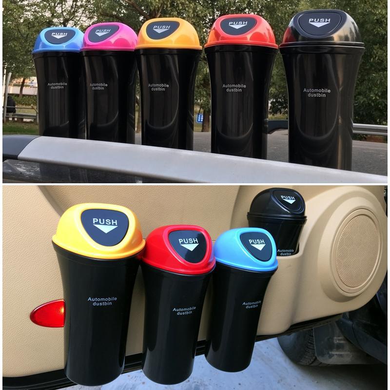 "Kompakt papperskorg för bil, diskret design med skjutlock, hållbart ABS-material, tillgänglig i flera färger."