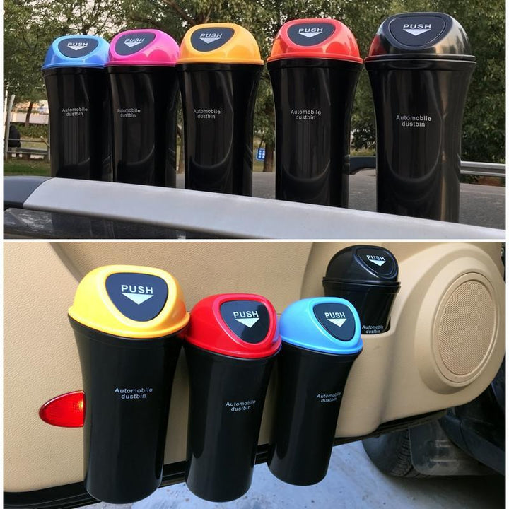 "Kompakt papperskorg för bil, diskret design med skjutlock, hållbart ABS-material, tillgänglig i flera färger."