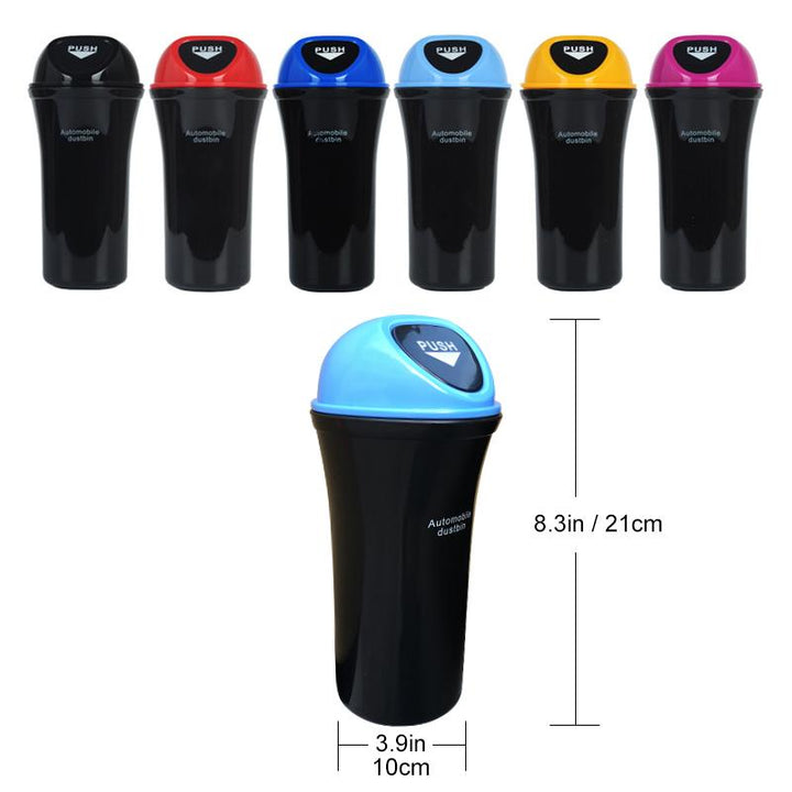 "Kompakt papperskorg för bil, diskret design med skjutlock, hållbart ABS-material, tillgänglig i flera färger."